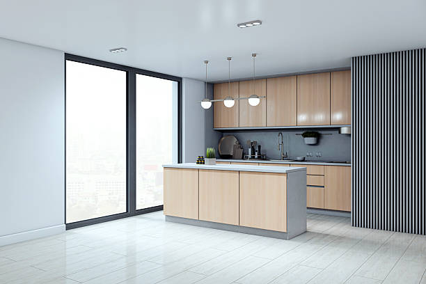 istock Modern light wood kitchen interior with island, stylish cabinets, pendant lighting, and large city-view window in bright home space. 3D Rendering 2226112712