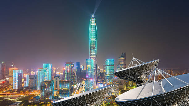 istock Ground satellite base stations and thriving city downtown areas 2226121535