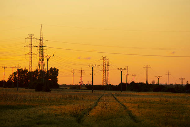 A wide field featuring overhead power lines in the foreground and a stunning sunset casting beautiful colors in the background