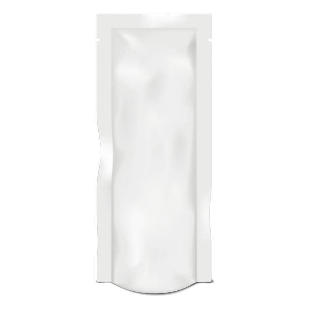 istock Tall narrow stand-up pouch. 3d mockup. Blank white bottom gusseted sachet packet with tear notches. Realistic vector mock-up. Plastic standup bag package. Template for design 2226124361