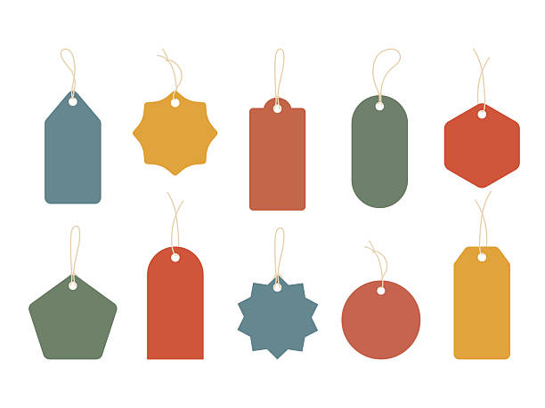 Collection of colored hanging vector tags in round hexagon rectangle starburst shapes. Perfect for branding, gift wrapping, handmade product, price label, craft market, promotion design