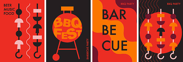 Grill barbecue design. BBQ party invitation for summer outdoor picnic. Simple, geometric, modern style. BBQ picnic background for cover, poster, ads, celebration. Red, orange, black colors
