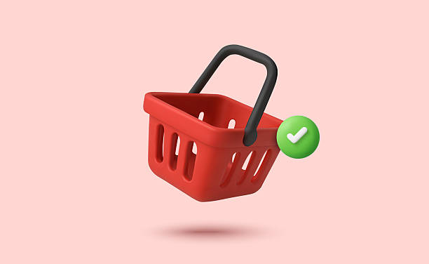 istock 3d red shopping basket or shopping cart icon with green check box, isolated on white background. Shopping basket icon in 3d vector 2226133412