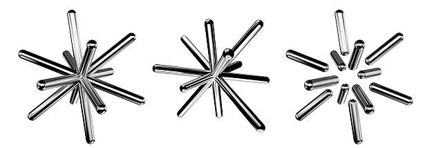 A set of 3D rendering geometric starburst chrome shapes. Abstract metallic form design elements