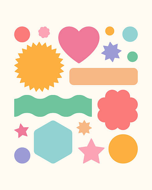 Vector illustrated icon sticker sheet set of cheerful cut out label shapes, including web button, sunburst, hexagon, octagram, stars, flower blossom burst, heart, wavy squiggle banner, and circle bubbles. Copy space provided in each badge icon shape for added text. Editable fills across included design elements.