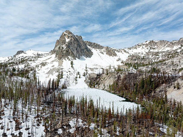 Frozen lake with high Idaho mountain peak in spring
