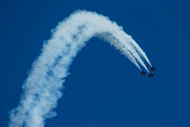 The Blue Angels, also referred to as the U.S. Navy Flight Demonstration Squadron, four Boeing FA-18 Super Hornet jets flying upside down in formation against a clear blue sky at an air show at the Naval Air Facility,  El Centro, California.  Photography date: March 16, 2019.