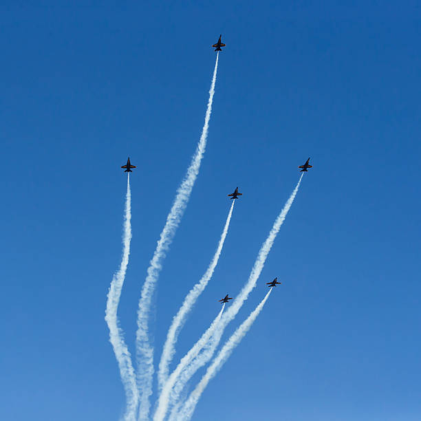 The Blue Angels, also referred to as the U.S. Navy Flight Demonstration Squadron, six Boeing FA-18 Super Hornet jets performing maneuvers against a clear blue sky at an air show at the Naval Air Facility,  El Centro, California.  Photography date: March 16, 2019.