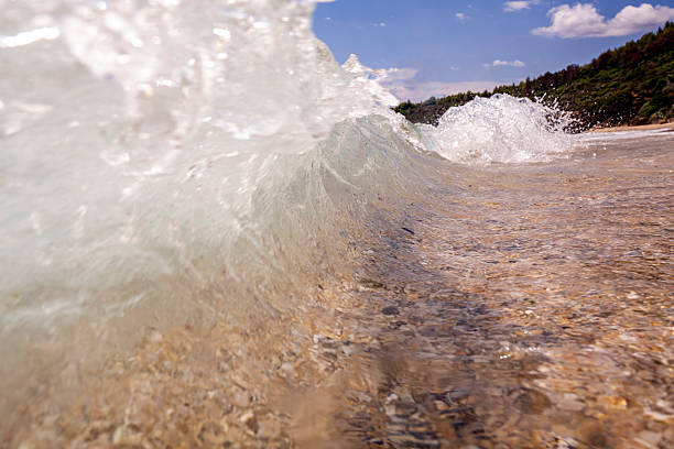 Low angle shot beneath the sea waves with small rocks, breaking waves, bottom of the sea, near the beach