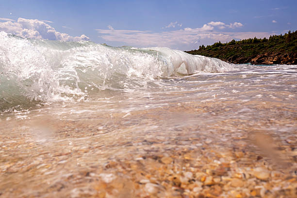 Low angle shot beneath the sea waves with small rocks, breaking waves, bottom of the sea, near the beach