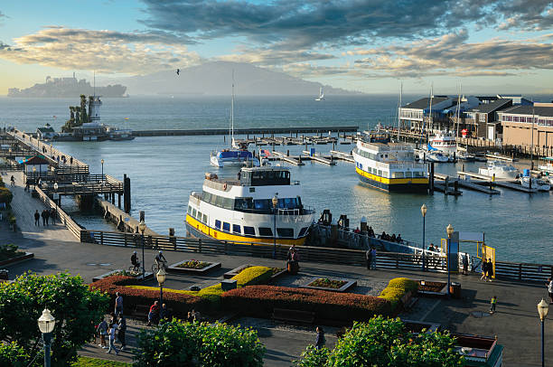 San Francisco harbor with tourists walking about