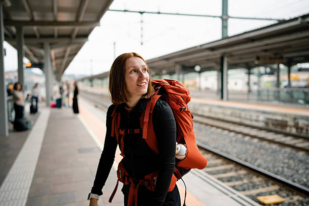 istock Young woman backpacker waiting at train station smiling and looking around 2226168894