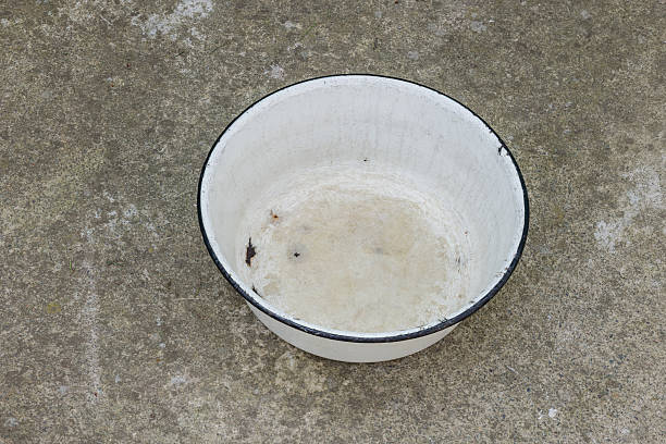 Empty white enameled basin with black rim shows signs of age and wear, resting on concrete surface. Rustic charm highlighted in this outdoor daytime setting, evoking a sense of history.