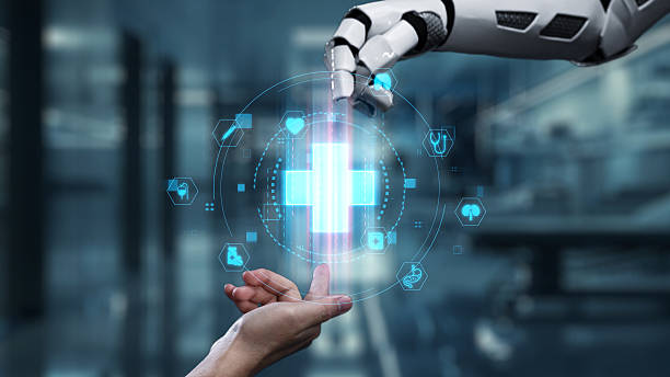 istock Robot and human reach hand and point finger with cross icon float. Salubrious. 2226172916