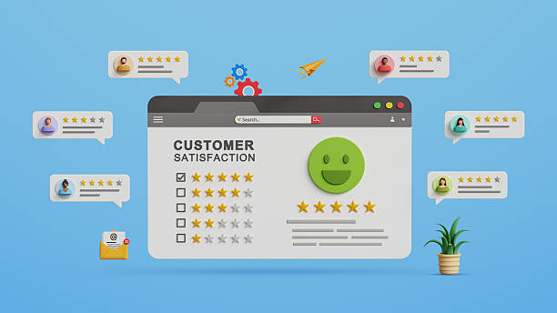 Customer satisfaction survey concept. Users rating, online experiences review, Customers feedback comments and review., Quality of service, business reputation. 5 star customer reviews.3D illustration