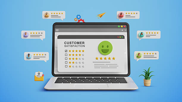 Customer satisfaction survey concept. Users rating, online experiences review, Customers feedback comments and review., Quality of service, business reputation. 5 star customer reviews on 3D laptop