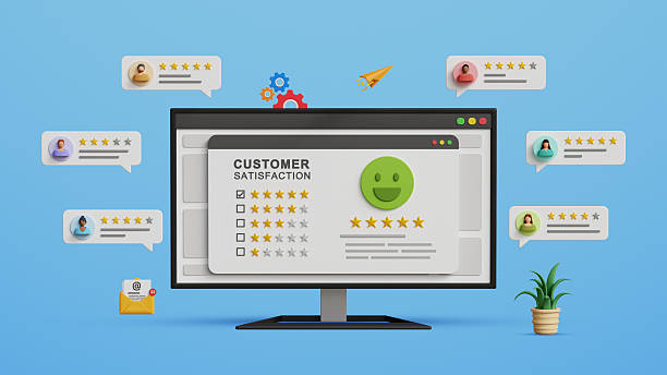 istock Customer satisfaction survey concept. Users rating, online experiences review, Customers feedback comments and review., Quality of service, business reputation. 5 star customer reviews on 3D computer 2226172988