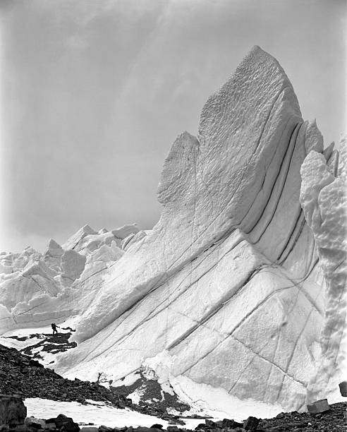 Young man pointing to the horizon to be a guide. Cold environment with snowy mountains.