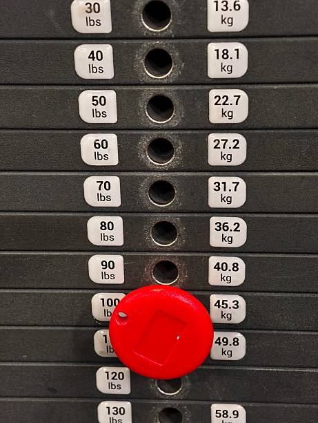 istock Weight stack from a gym strength training machine, showing various weight in both pounds (lbs) and kilograms (kg), with a red selector pin inserted to indicate a selected weight 2226184320