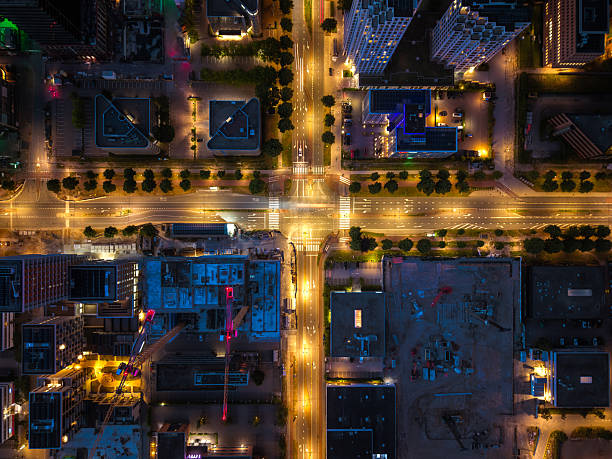 istock Top-down view of illuminated intersection and construction site, Amsterdam South 2226184324