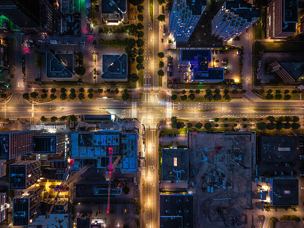 istock Top-down view of illuminated intersection and construction site, Amsterdam South 2226184339