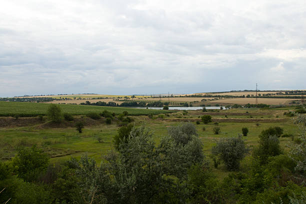 A landscape with trees and buildings in the background. Grass. Sky. Outdoor. Field. Grassy