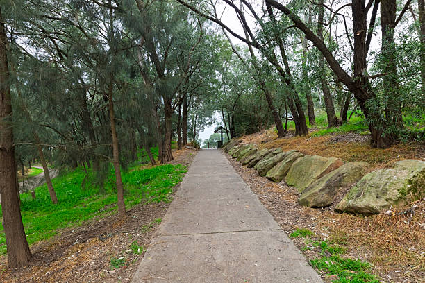 Photograph of a public cement walking path that meanders through the trees and parklands of Yarramundi Reserve in the Hawkesbury Region of NSW, Australia.
