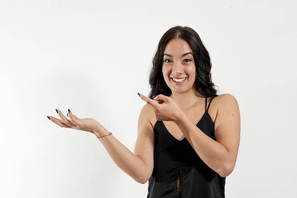 istock Young woman pointing and showing with hand on white background 2226189087