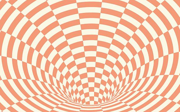 Retro wavy psychedelic checkerboard, Optical Illusion Surrealism Tunnel Portal Pattern. Contrasty Optical Art Gravity Vortex. Smooth Checkered Tunnel and Chessboard in Perspective