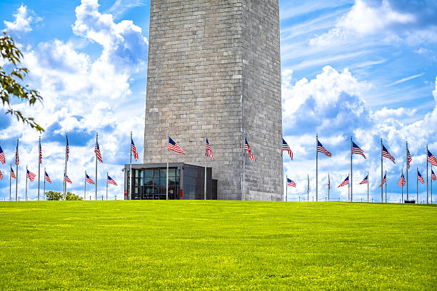 Washington monument park and USA flags view, Washington DC, capital of USA