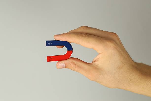 istock Man holding horseshoe magnet on grey background, closeup 2226193537