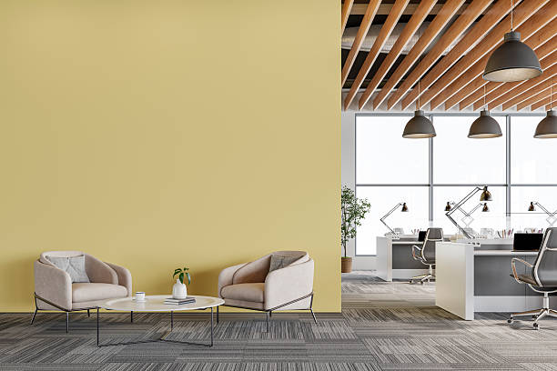 istock Modern Office Interior with an pastel yellow wall and Minimalist Lounge Area 2226194593