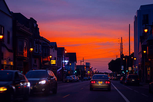 Milwaukee traffic at sunset time. Kinnickinnic Avenue, Bay View district. Wisconsin, USA