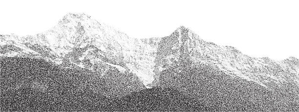 Photocopy Effect Realistic Dotted Illustration of Majestic Mountains with Vintage Halftone Aesthetic