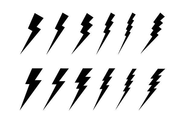 Set of bolt icons. Lightning silhouettes. Thunderstorm signs isolated on white background. Flashlight, energy, power or danger symbols. Battery charging pictograms. Vector graphic illustration.