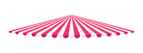 Circus or carousel dome with red and white stripes isolated on white background. Striped store canopy. Shop awning design. Fair market tent. Cafe sunshade. Kiosk umbrella. Vector flat illustration.