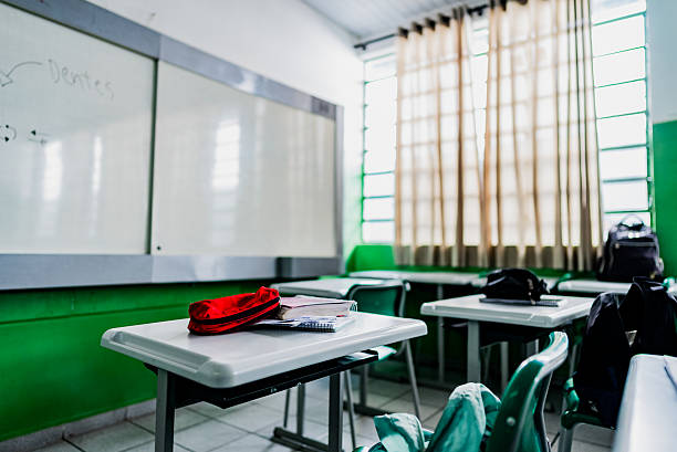 istock Classroom with school supplies on desk 2226208499