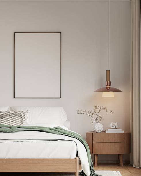 istock Scandinavian Bedroom Frame Mockup with Natural Light and Minimalist Decor - 3d Rendering 2226211465