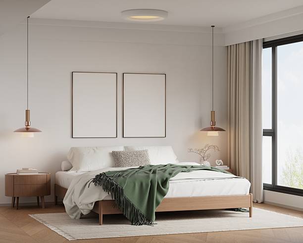 istock Scandinavian Bedroom Frame Mockup with Natural Light and Minimalist Decor - 3d Rendering 2226211468