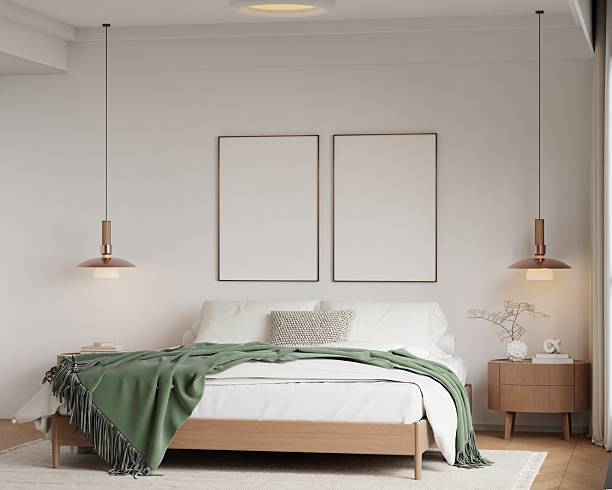 istock Scandinavian Bedroom Frame Mockup with Natural Light and Minimalist Decor - 3d Rendering 2226211475