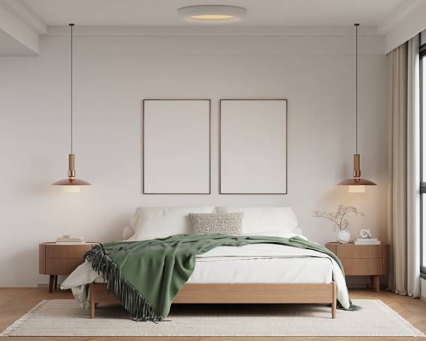 istock Scandinavian Bedroom Frame Mockup with Natural Light and Minimalist Decor - 3d Rendering 2226211576
