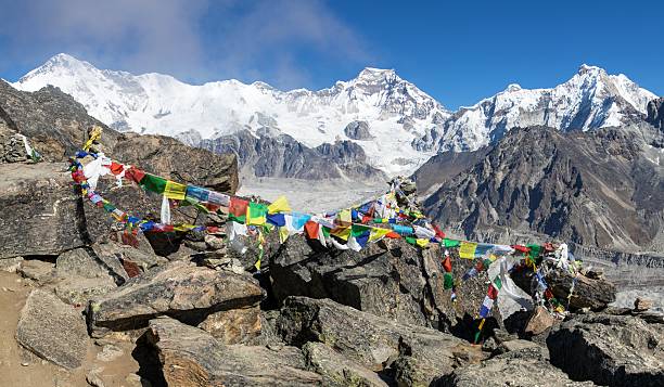 Mount Cho Oyu from Gokyo Ri peak and buddhist prayer flags, Everest area, Sagarmatha national park, Gokyo valley, Khumbu valley, Nepal Himalayas mountains