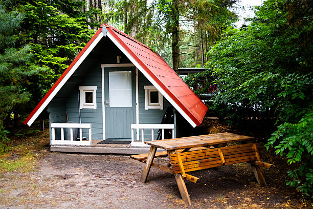 istock Charming A frame cabin with red roof in forest setting with picnic table 2226212996