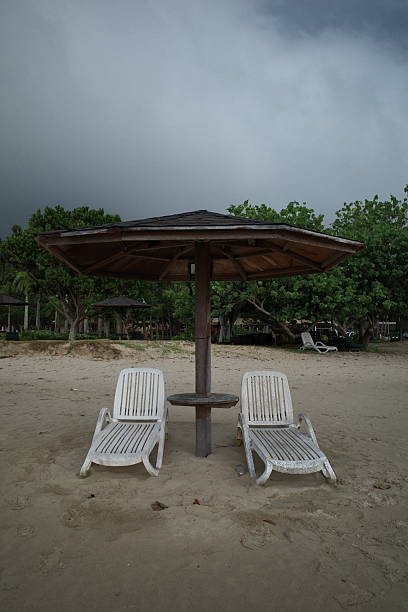 Close-up of a row of beach chairs