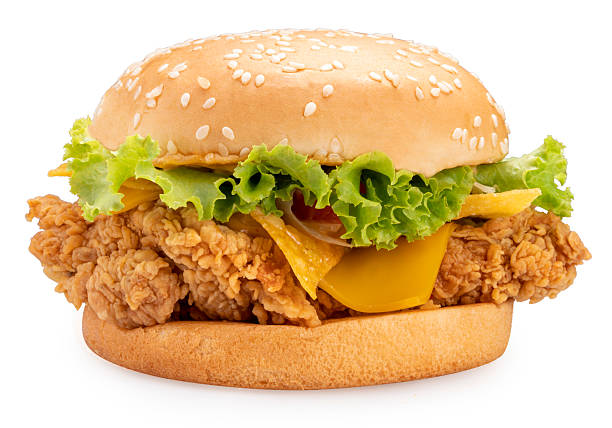 istock Chicken Hamburger with cheese, tomato, onion, lettuce on white background, FriedChicken Hamburger isolate on white with clipping path. 2226223889