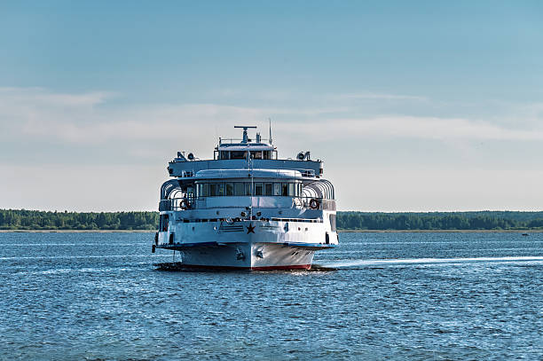 Cruise ship on the Volga River near the town of Rybinsk in Russia. Golden Ring of Russia.