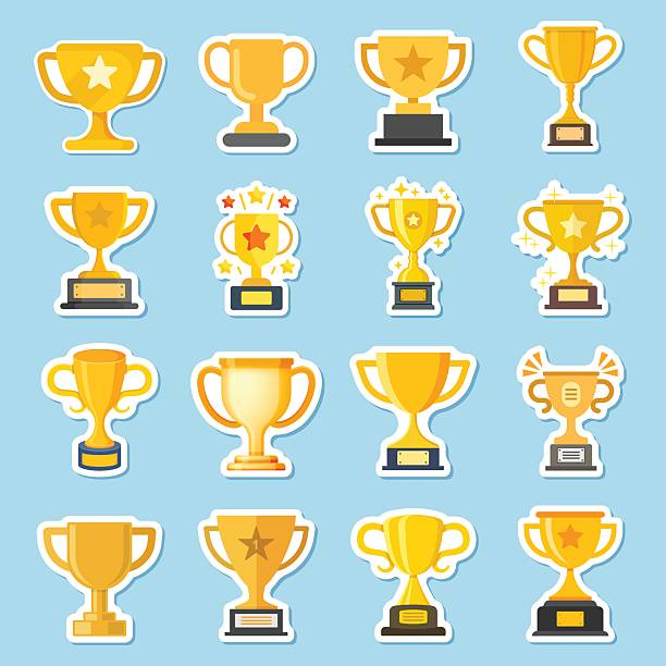ilustrații de stoc cu colecție de autocolante de hârtie trofeu în stil plat. premiu ilustrație vectorială pe fundal izolat. concept de afaceri de semn de eveniment sportiv campion. - trofeu