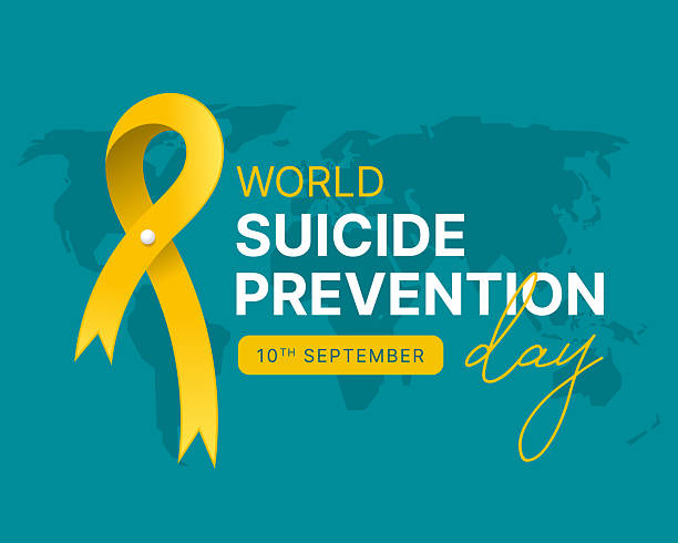 istock World Suicide prevention day - Text and Yellow ribbon sign on dark green world map background vector design 2226242798