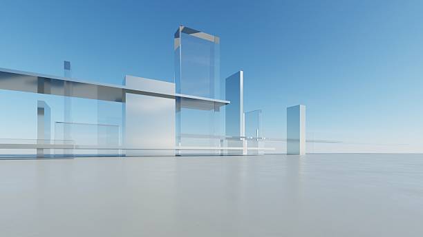 istock 3d illustration of abstract minimal architecture background, geometric architectural with chrome or glass design, Cityscape with mockup transparent buildings 2226247512