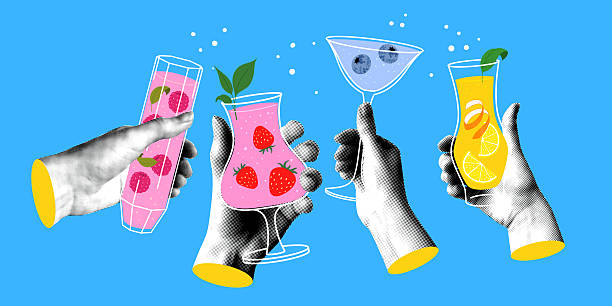 istock Group people drink summer cocktails. Halftone hands holding alcoholic and non-alcoholic drinks 2226253062